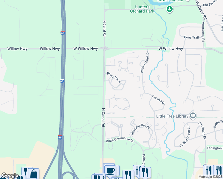 map of restaurants, bars, coffee shops, grocery stores, and more near 7509 Shell Flower in Lansing
