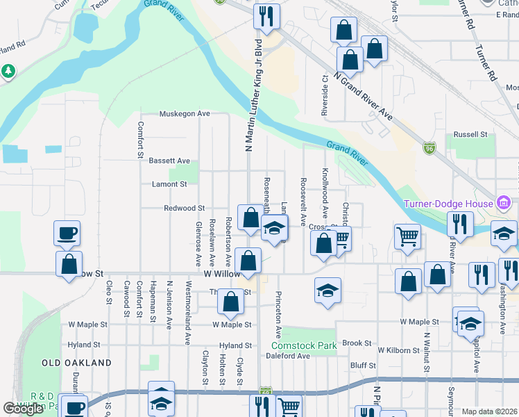 map of restaurants, bars, coffee shops, grocery stores, and more near 1028 Queen Street in Lansing