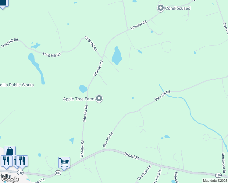 map of restaurants, bars, coffee shops, grocery stores, and more near 69 Wheeler Road in Hollis