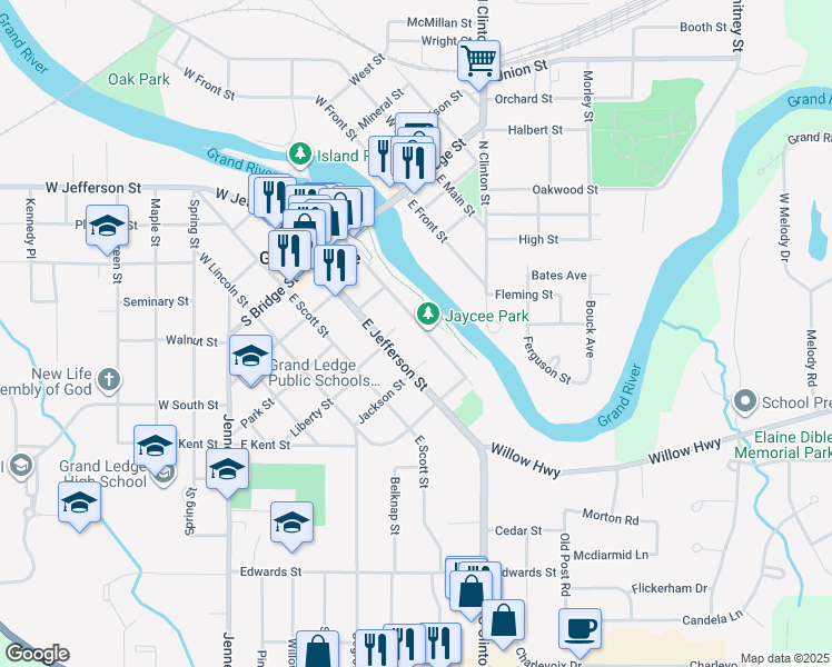 map of restaurants, bars, coffee shops, grocery stores, and more near 400 East River Street in Grand Ledge