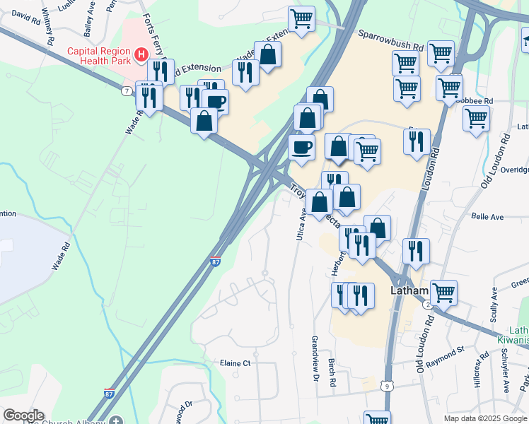 map of restaurants, bars, coffee shops, grocery stores, and more near 16 Albany Avenue in Latham