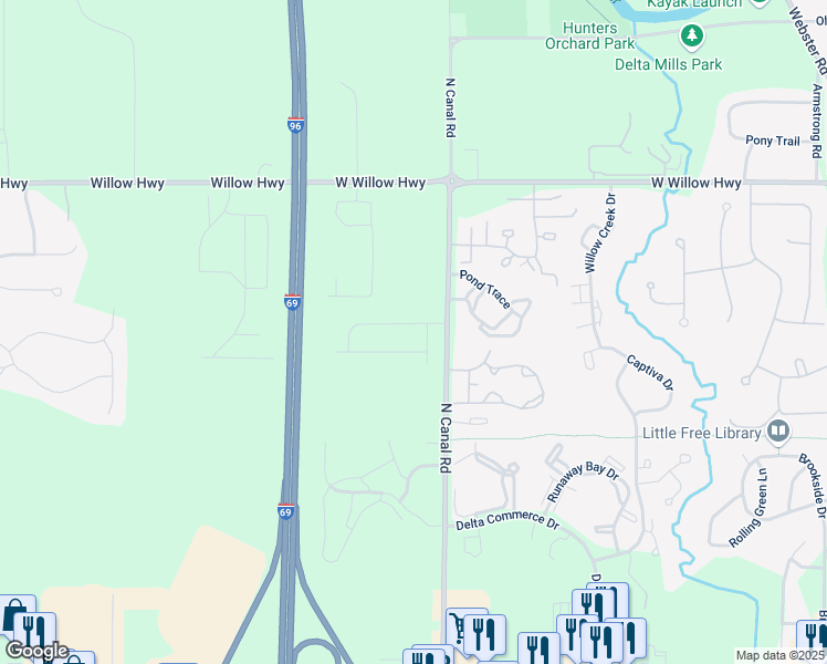 map of restaurants, bars, coffee shops, grocery stores, and more near 7637 Madrid Drive in Lansing
