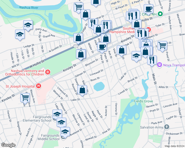 map of restaurants, bars, coffee shops, grocery stores, and more near 9 Lovewell Street in Nashua