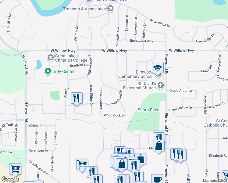 map of restaurants, bars, coffee shops, grocery stores, and more near 5619 Bearcreek Drive in Lansing