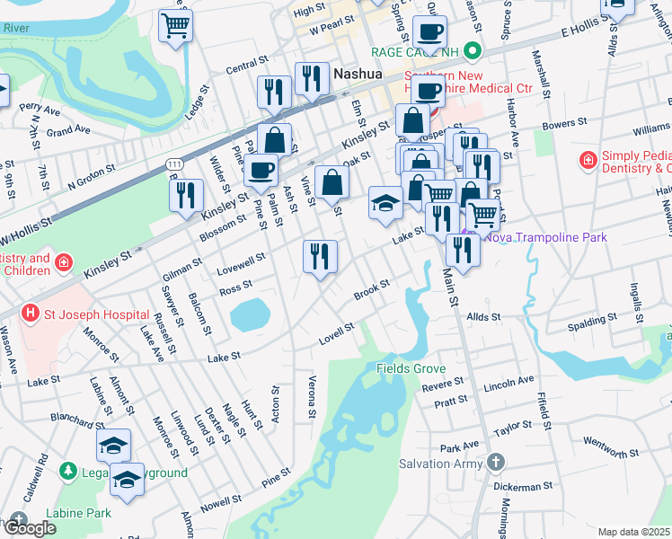 map of restaurants, bars, coffee shops, grocery stores, and more near 126 Vine Street in Nashua