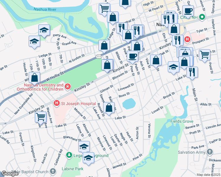 map of restaurants, bars, coffee shops, grocery stores, and more near 47 1/2 Gilman Street in Nashua
