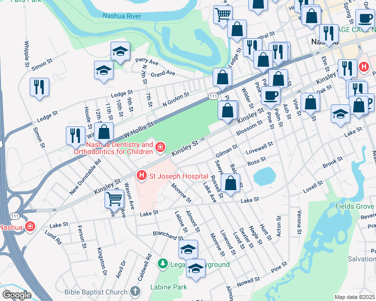 map of restaurants, bars, coffee shops, grocery stores, and more near 128 Kinsley Street in Nashua