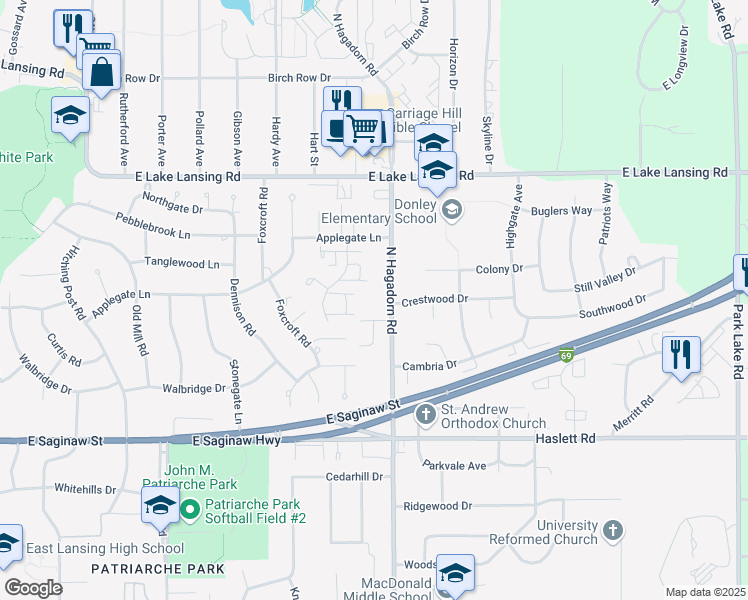 map of restaurants, bars, coffee shops, grocery stores, and more near 1318 Glenhurst Lane in East Lansing