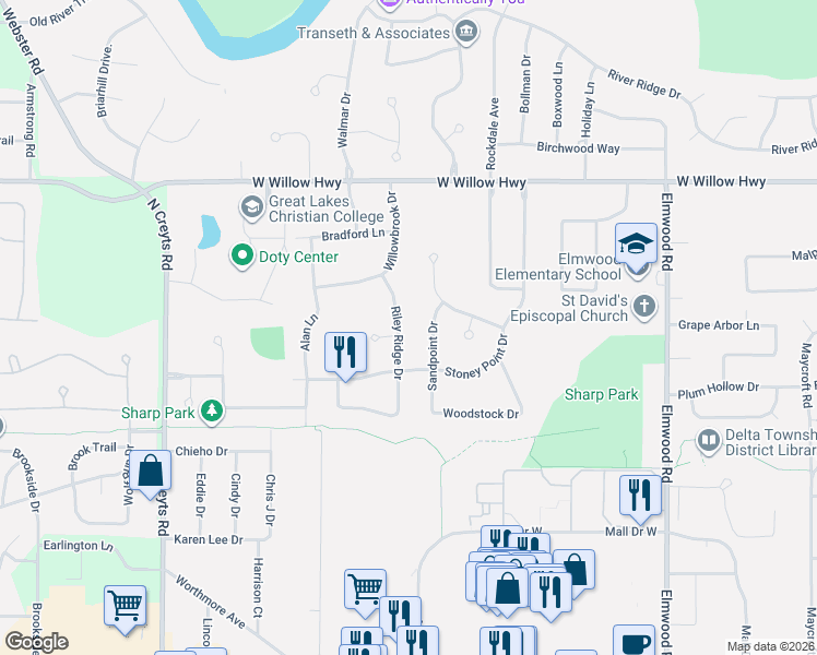 map of restaurants, bars, coffee shops, grocery stores, and more near 1616 Riley Ridge Drive in Lansing