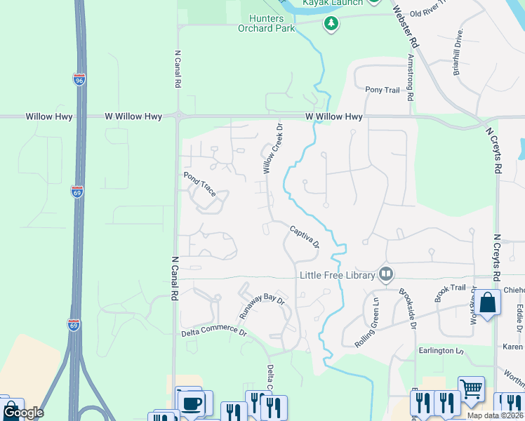 map of restaurants, bars, coffee shops, grocery stores, and more near 1611 Willow Creek Drive in Lansing