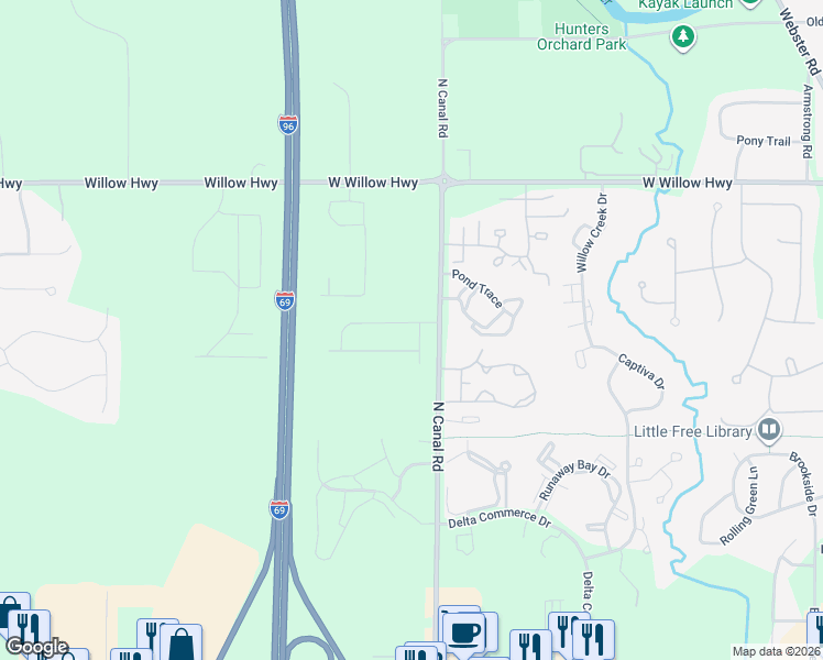 map of restaurants, bars, coffee shops, grocery stores, and more near 7637 Madrid Drive in Lansing