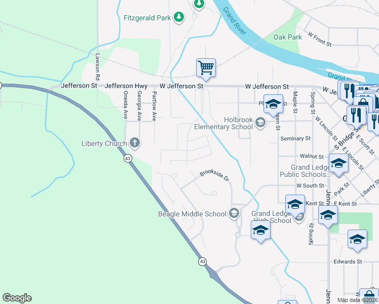 map of restaurants, bars, coffee shops, grocery stores, and more near 12780 Partlow Avenue in Grand Ledge