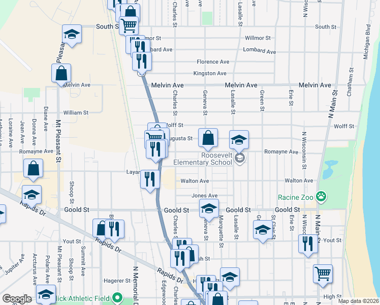 map of restaurants, bars, coffee shops, grocery stores, and more near 1212 Romayne Avenue in Racine