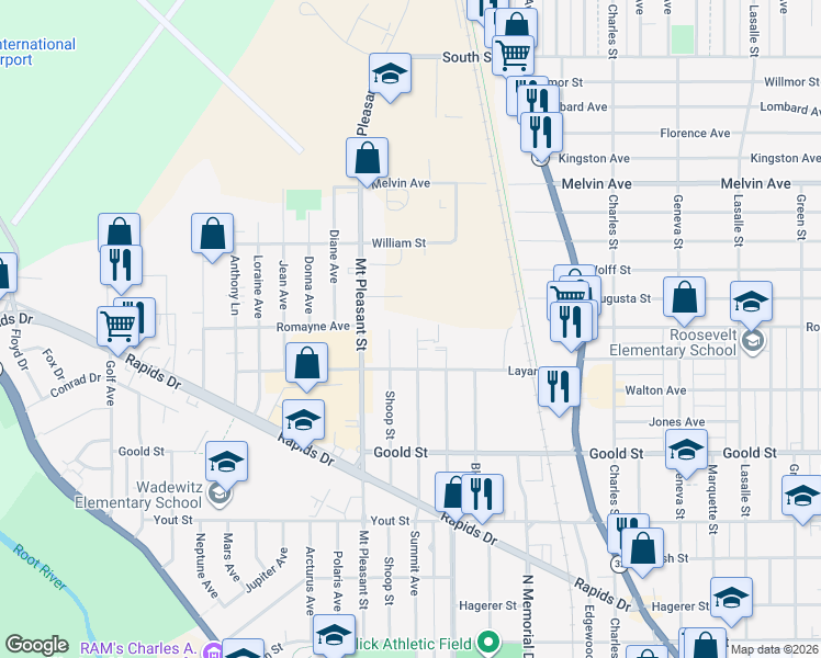 map of restaurants, bars, coffee shops, grocery stores, and more near 2439 Shoop Street in Racine