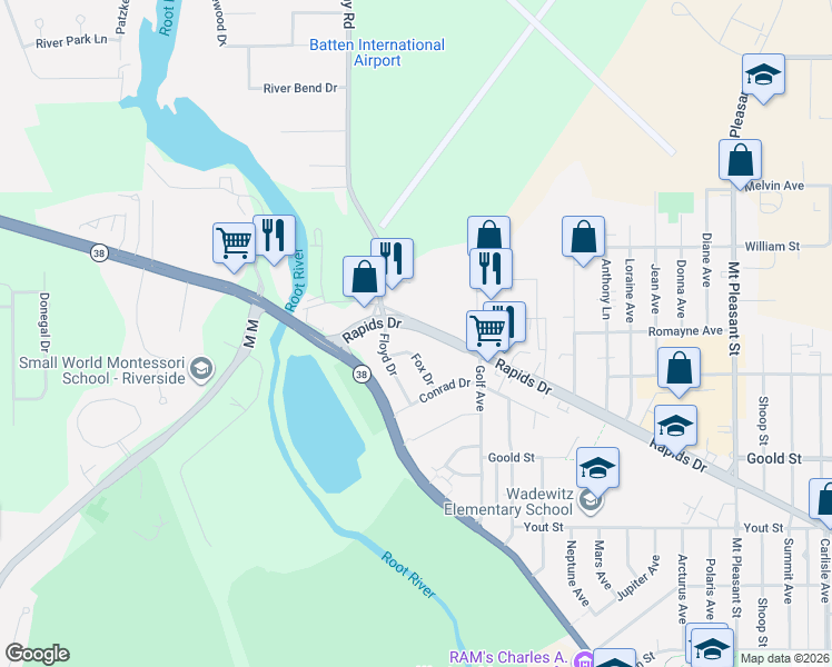 map of restaurants, bars, coffee shops, grocery stores, and more near 3225 Rapids Drive in Racine