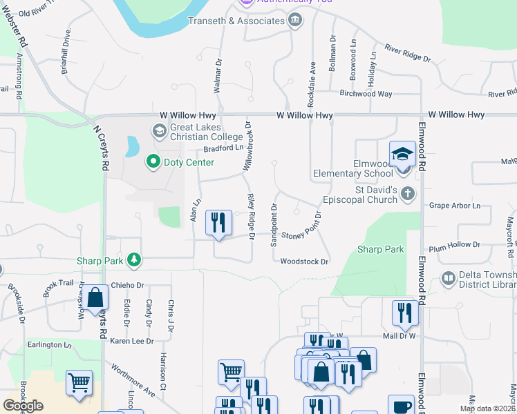 map of restaurants, bars, coffee shops, grocery stores, and more near 1616 Riley Ridge Drive in Lansing