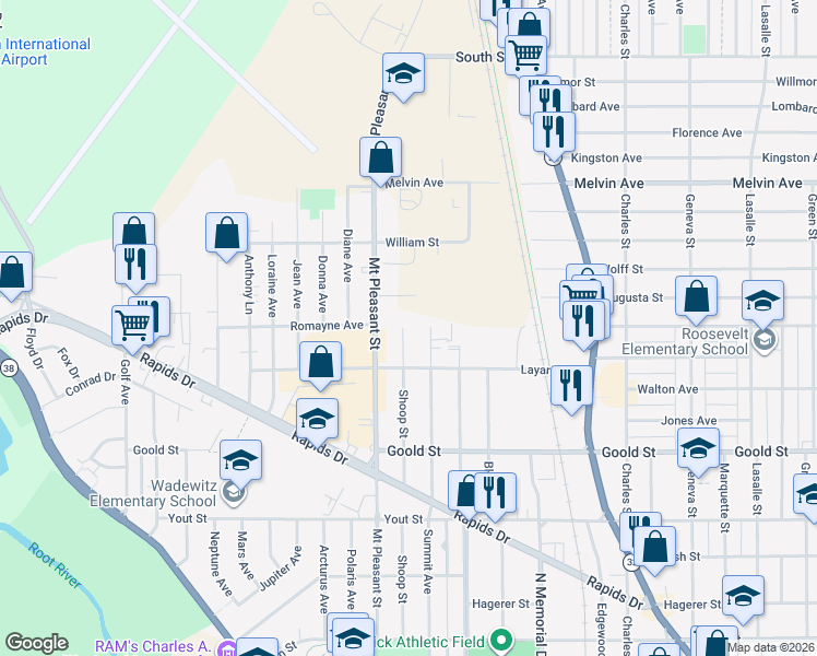 map of restaurants, bars, coffee shops, grocery stores, and more near 2439 Shoop Street in Racine