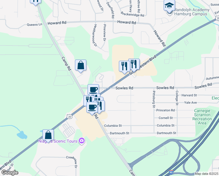 map of restaurants, bars, coffee shops, grocery stores, and more near Southwestern Boulevard & Sowles Road in Hamburg