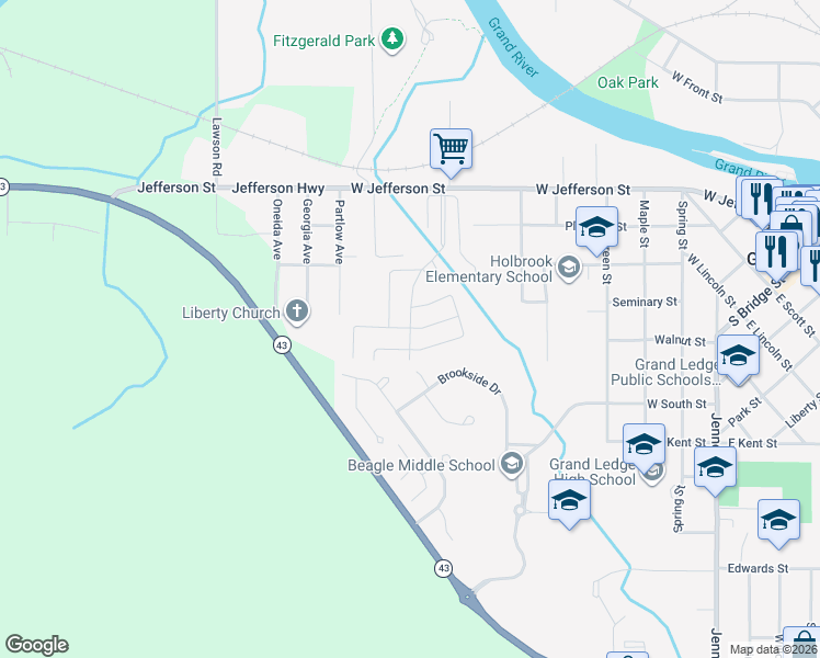 map of restaurants, bars, coffee shops, grocery stores, and more near Hunters Whip Drive in Grand Ledge