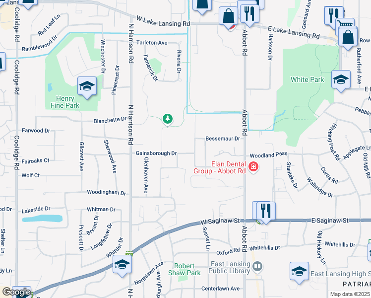 map of restaurants, bars, coffee shops, grocery stores, and more near 410 Gainsborough Dr in East Lansing