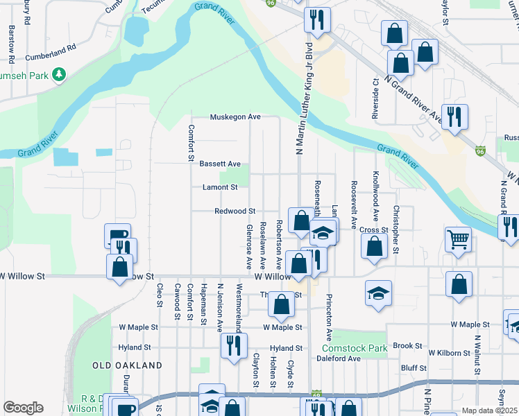 map of restaurants, bars, coffee shops, grocery stores, and more near 1443 Roselawn Avenue in Lansing