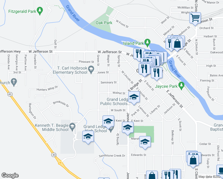 map of restaurants, bars, coffee shops, grocery stores, and more near 516 Spring Street in Grand Ledge