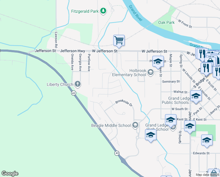 map of restaurants, bars, coffee shops, grocery stores, and more near Hunters Whip Drive in Grand Ledge