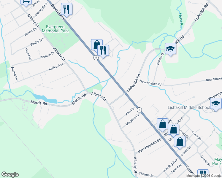 map of restaurants, bars, coffee shops, grocery stores, and more near 2074 Central Avenue in Schenectady