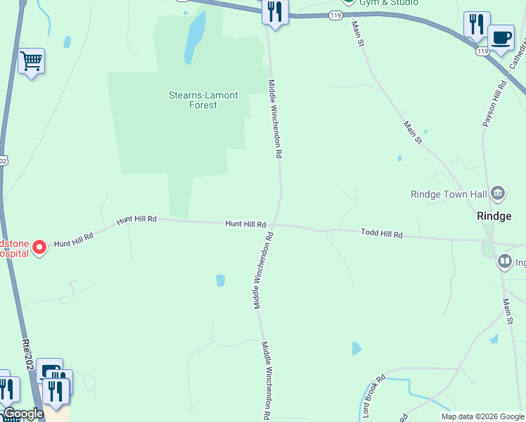 map of restaurants, bars, coffee shops, grocery stores, and more near 132 Middle Winchendon Road in Rindge