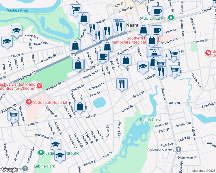 map of restaurants, bars, coffee shops, grocery stores, and more near 142 Pine Street in Nashua