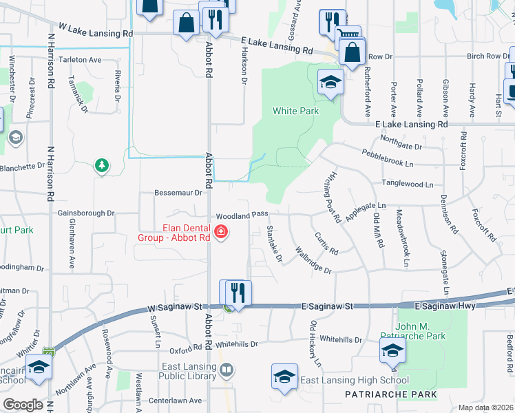 map of restaurants, bars, coffee shops, grocery stores, and more near 321 Woodland Pass in East Lansing