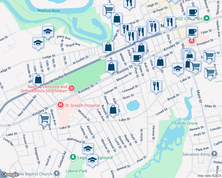 map of restaurants, bars, coffee shops, grocery stores, and more near 47 1/2 Gilman Street in Nashua
