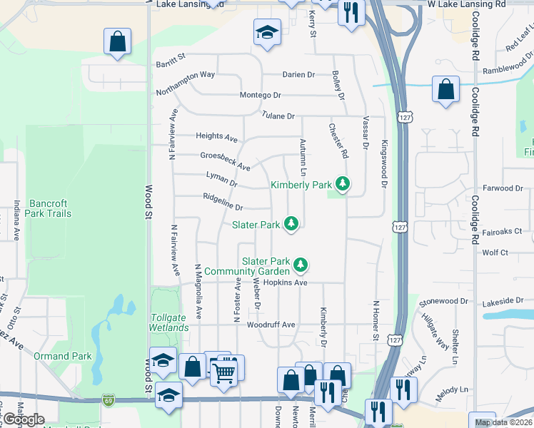 map of restaurants, bars, coffee shops, grocery stores, and more near 1619 Gay Lane in Lansing