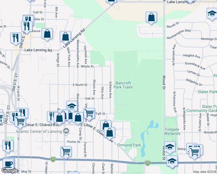 map of restaurants, bars, coffee shops, grocery stores, and more near 1539 Indiana Avenue in Lansing