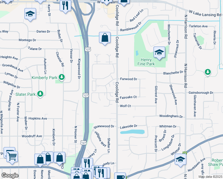 map of restaurants, bars, coffee shops, grocery stores, and more near 1635 Coolidge Road in East Lansing