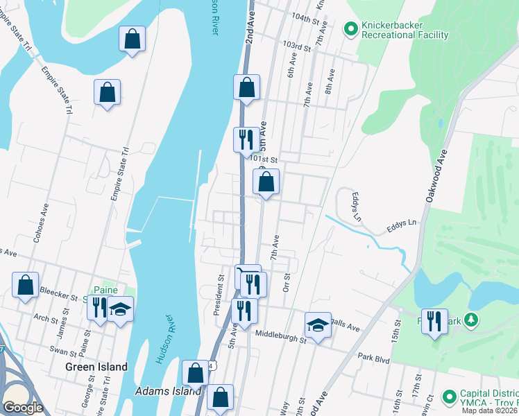 map of restaurants, bars, coffee shops, grocery stores, and more near 3275 6th Avenue in Troy