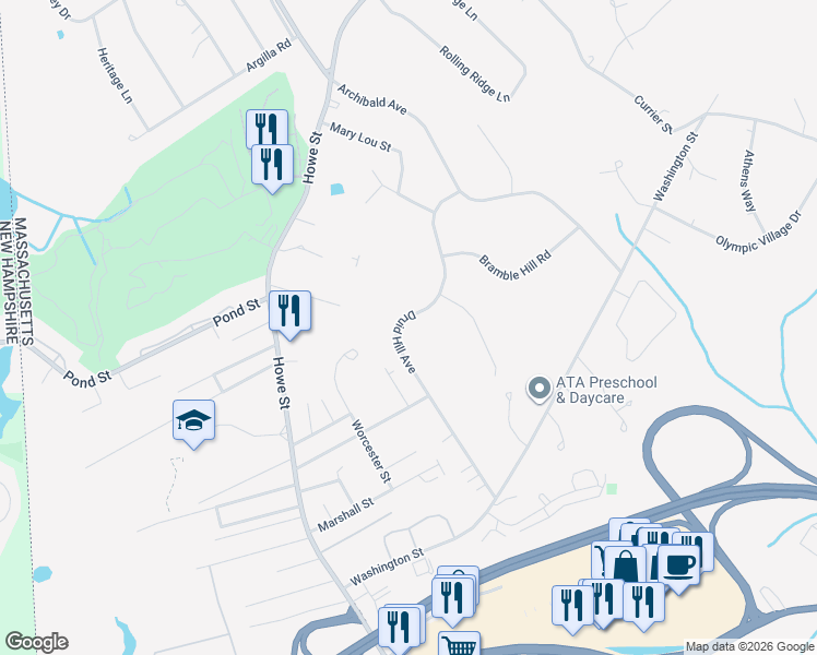 map of restaurants, bars, coffee shops, grocery stores, and more near 117 Druid Hill Avenue in Methuen