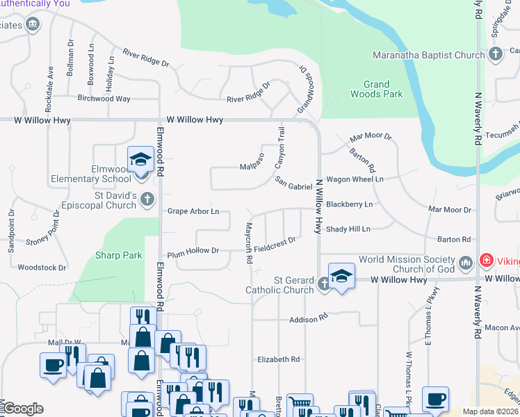 map of restaurants, bars, coffee shops, grocery stores, and more near 4732 Blackberry Lane in Lansing