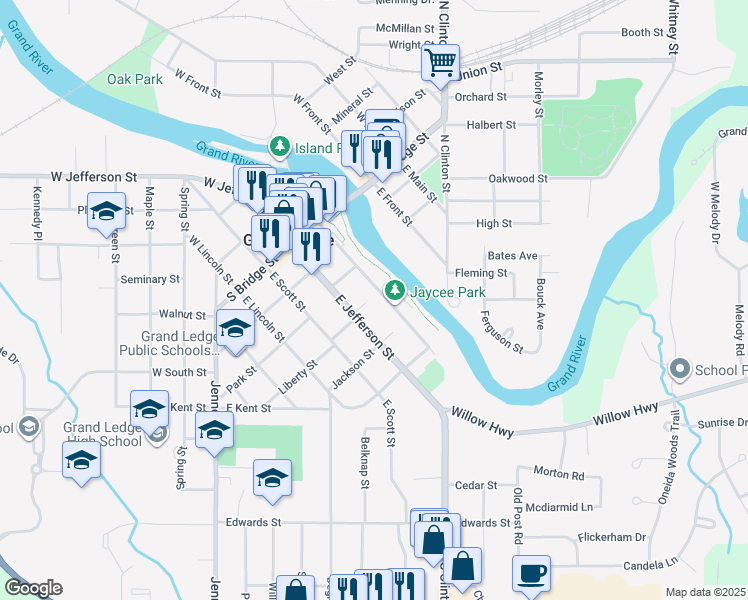map of restaurants, bars, coffee shops, grocery stores, and more near 400 East River Street in Grand Ledge