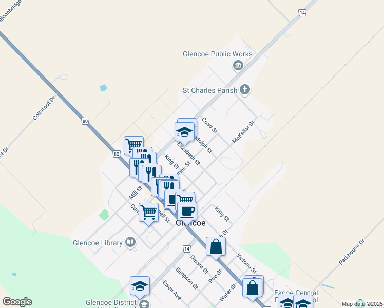map of restaurants, bars, coffee shops, grocery stores, and more near 251 Elizabeth Street in Glencoe