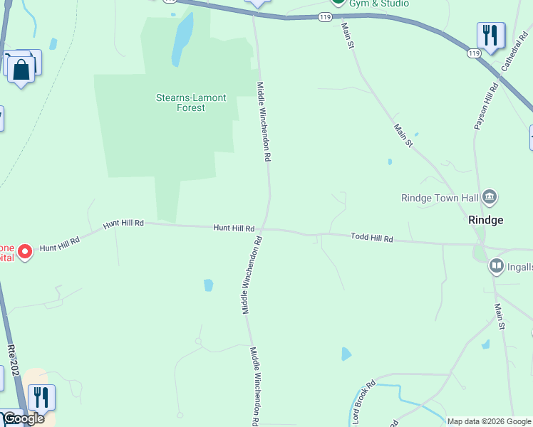 map of restaurants, bars, coffee shops, grocery stores, and more near 132 Middle Winchendon Road in Rindge