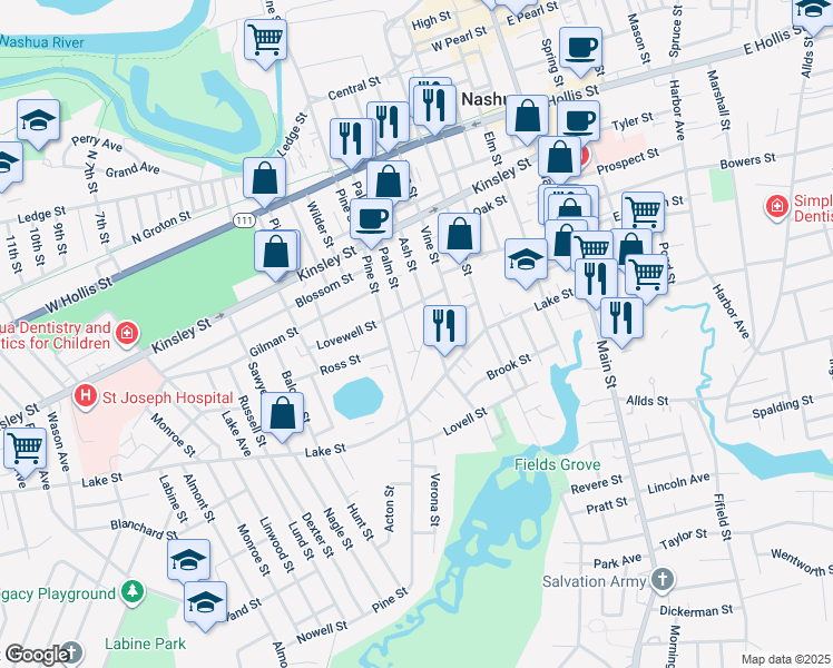 map of restaurants, bars, coffee shops, grocery stores, and more near 114 1/2 Ash Street in Nashua
