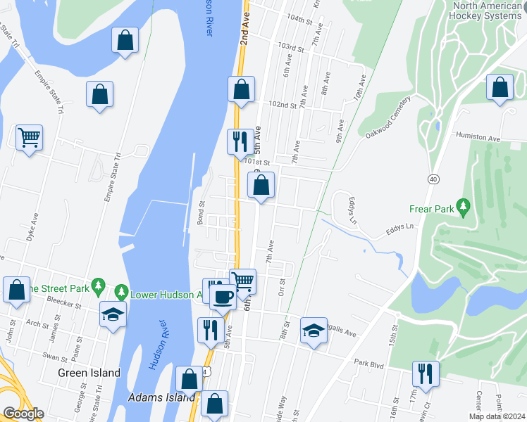 map of restaurants, bars, coffee shops, grocery stores, and more near 3275 6th Avenue in Troy