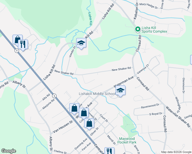 map of restaurants, bars, coffee shops, grocery stores, and more near 44 New Shaker Road in Albany