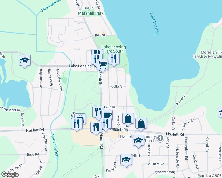 map of restaurants, bars, coffee shops, grocery stores, and more near 1577 Colby Street in Meridian charter Township