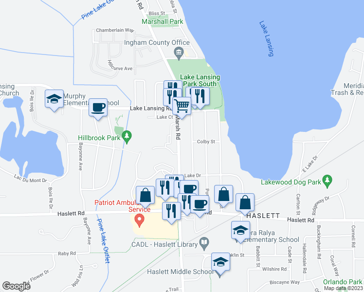 map of restaurants, bars, coffee shops, grocery stores, and more near 5890 Marsh Road in Meridian charter Township
