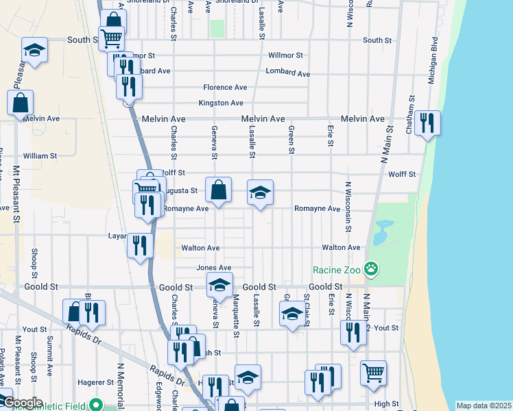 map of restaurants, bars, coffee shops, grocery stores, and more near in Racine