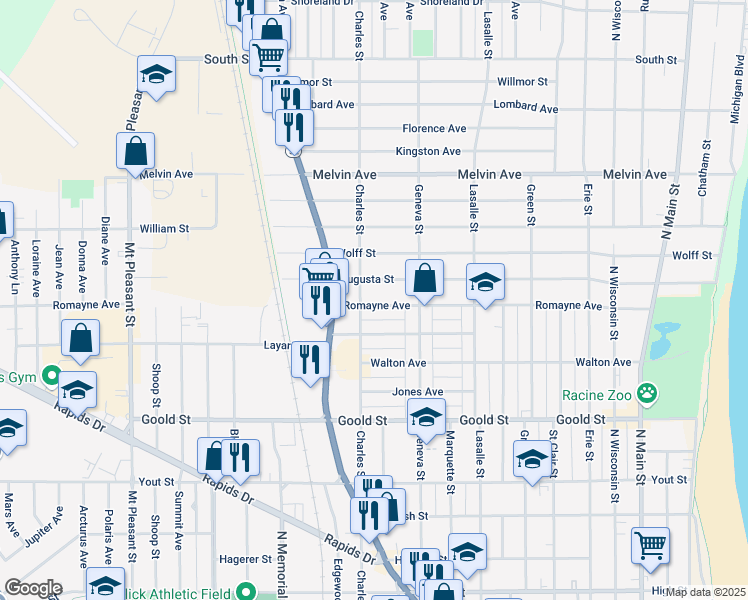 map of restaurants, bars, coffee shops, grocery stores, and more near 1306 Romayne Avenue in Racine