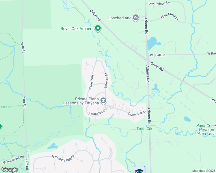 map of restaurants, bars, coffee shops, grocery stores, and more near 3325 Serenity Road in Oakland charter Township