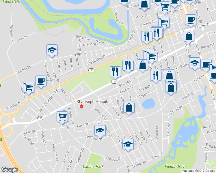 map of restaurants, bars, coffee shops, grocery stores, and more near 128 Kinsley Street in Nashua